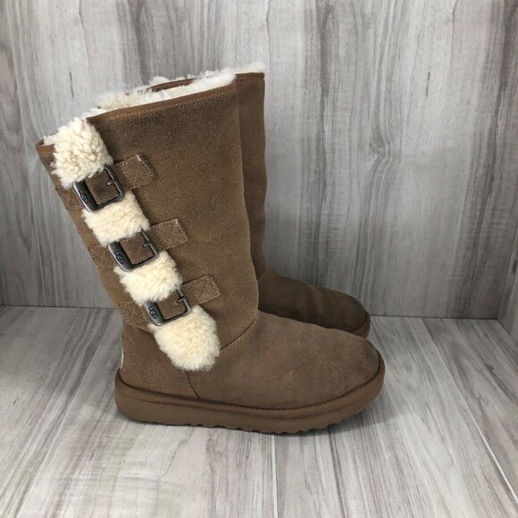 UGG Boots Womens 6 Klea Brown Suede Slip On Winter Shearling Lined - Picture 1 of 10